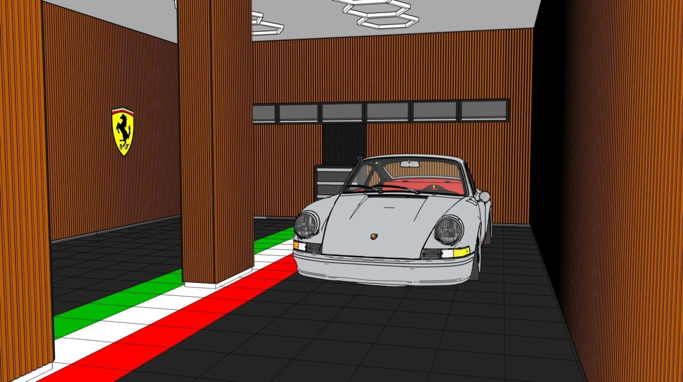 PROGETTAZIONE 3D Auto sportivo bianco parcheggiato in un garage con dettagli rossi e verdi.