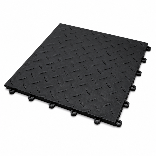PAVIMENTO CHIUSO MANDORLATO Black rubber flooring tile with a diamond-patterned surface and interlocking edges.